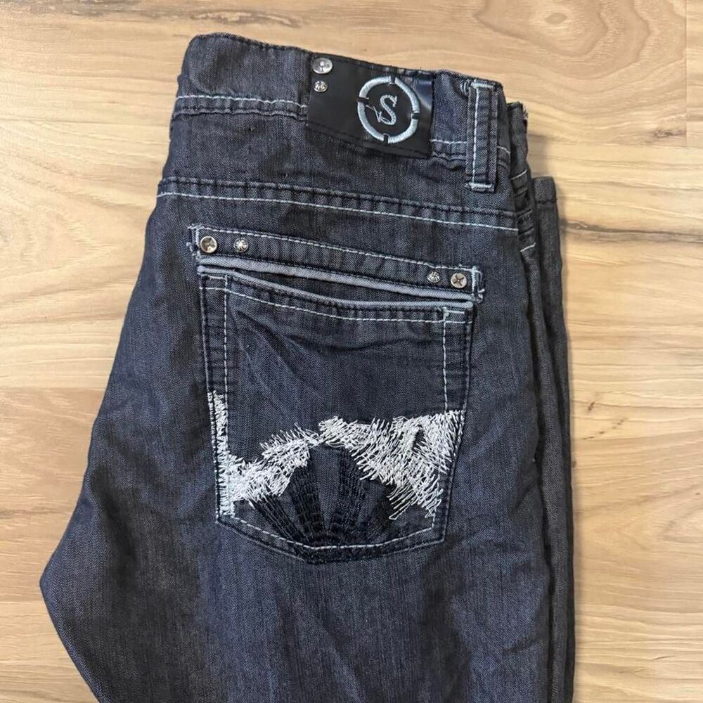 Y2K Embroidered Black Jeans Streetwear STK ONE skater Size 30 waist
